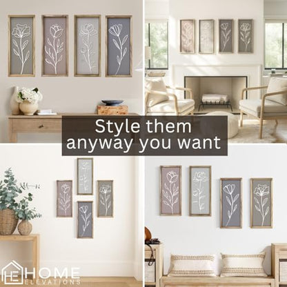 3D Wooden Floral Bathroom Wall Decor, Set of 4 Framed Wall Art | For Living Room, Bedroom, Dining, Office & Kitchen – Boho Botanical Wall Hanging, Modern Farmhouse Home Decor & Gift
