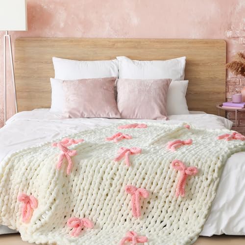 Pink Bow Chunky Knit Blanket Throw Large 50" X 60" 100% Handmade Cream Chenille Loop Yarn Fluffy Soft Knitted Throw Big Cozy Thick Cable Knit Crochet Blanket for Couch Sofa Bed