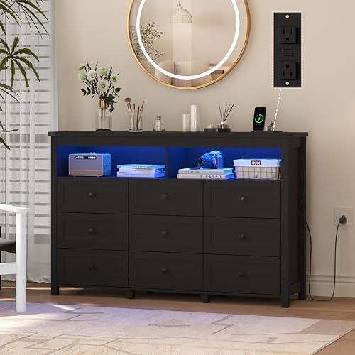 9 Drawer Dresser for Bedroom with LED Lights, Charging Station, Wood Chest of Drawers with Metal Handles, Modern TV Stand & Storage Organizer for Living Room, Hallway, Black - color: Black, style: LED 9 Drawers