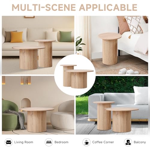 Round Nesting Coffee Table Set of 2 Mid Century Modern Wood Round Coffee Tables with Flexible Small Boho Circle Side Table for Space Saving Living Room Comedor Home Office Bedroom(Natural) - color: 2pcs Natural