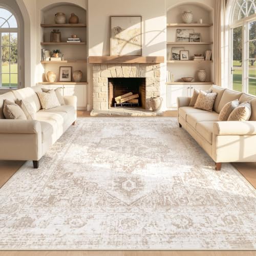 Area Rug 8x10 Vintage Rug: Large Washable Indoor Medallion Rugs Low Pile Distressed Floor Carpet Retro Accent Rug for Living Room Bedroom Kitchen Dining Table Home Office(Beige, 8'x10') - color: Beige, size: 8' x 10' (Rectangular)