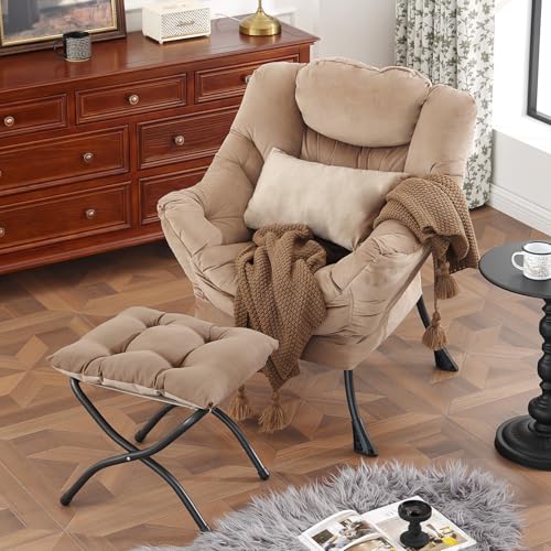 Lazy Chair with Ottoman, Velvet Reading Chair with Pillow，Black | Comfy Accent Lounge Chair with Pillow & folding Foot Stool, sturdy metal frame for bedroom, dorm or apartment, Living Room - color: Pure Khaki