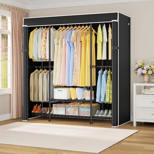 E3C Heavy Duty Portable Closet Wardrobe with Black Fabric Cover | Freestanding Metal Closet System Storage Organizer for Clothing, Clothing Rack Holds up to 850 lbs, 59.5"W x 16.5"D x 77.4"H - color: Black Rack with Black Cover