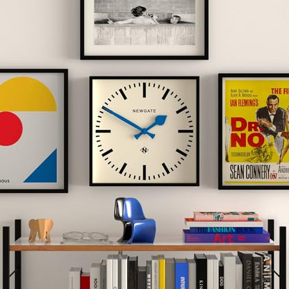 NEWGATE® Number Five wall Clock | Square Retro Inspired Modern Station Clock | 16" | Black with Blue Hands | Mid-Century Style for Kitchen, Living Room or Office - color: Blue
