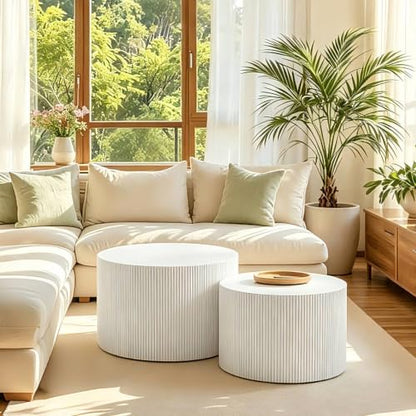 Nesting Round Coffee Table Set of 2 White No Assembly | Nesting Drum Tables, Modern End Table with Vertical Fluted Design Coffee Tables for Living Room, Office, Bedroom - color: White