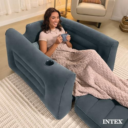 Intex Inflatable Pull-Out Sofa Bed with 2-Pack Lounge Chair and Ottoman Set | 66552EP Convertible Queen Airbed and 66551EP Portable Lounger for Bedroom, Dorm & Living Room (Pump Not Included)