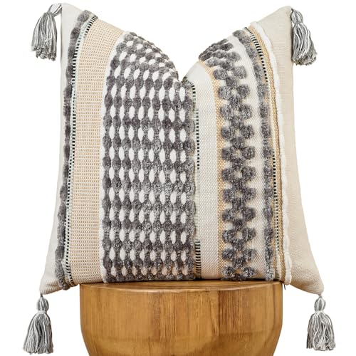 Chenille Striped Textured Boho Throw Pillow Covers Aesthetic with Tassels Woven Decorative Pillow Case for Couch Bed Sofa Bedroom Modern Funky 18 x 18-Inch Grey White - color: Grey White, size: 18" x 18" (Pack of 1)