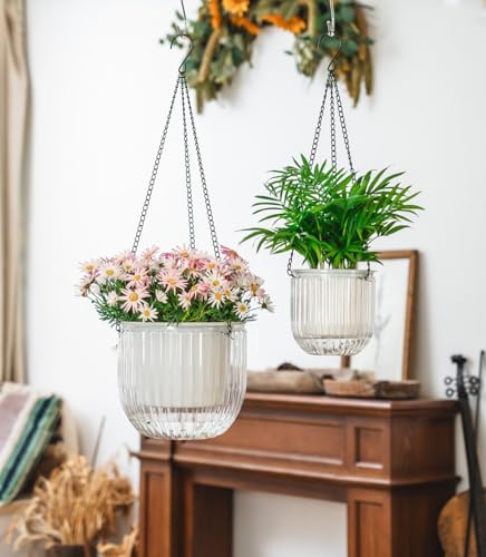 Josteve 5.2/8.2 Inch 2 Pcs Self Watering Hanging Planter Indoor Plant Pots Drainage Holes, Outdoor Small Hanging Planters Flower Pot Basket, Visible Water Level, Plant Hanger Home Decor, Gardening - color: White, size: 2*5.2/8.2 inch