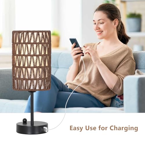 Bedside Lamps Set of 2, Touch Control Night Stand Lamp for Bedroom with Rattan & Linen Shade & Bulbs, 3 Way Dimmable Small Boho Table Lamps with USB Charging Port & Phone Stand (Coffee Color) - color: Coffee-2pack
