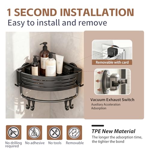 Rustproof Aluminum Corner Shower Caddy | Press-to-Install, Triangle Shelf with Hooks, Suction Bathroom Organizer, Shampoo Holder