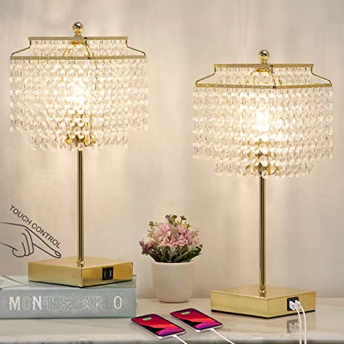 Luvkczc Set of 2 USB Bedside Crystal Table Lamp Gold, Touch Control Lamp, Dimmable Lamp with Crystal Shade for Bedroom, Living Room, 6W LED Bulb Included - color: Gold, 2 Pack