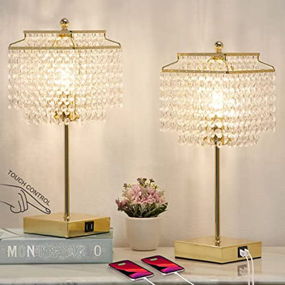 Luvkczc Set of 2 USB Bedside Crystal Table Lamp Gold, Touch Control Lamp, Dimmable Lamp with Crystal Shade for Bedroom, Living Room, 6W LED Bulb Included - color: Gold, 2 Pack