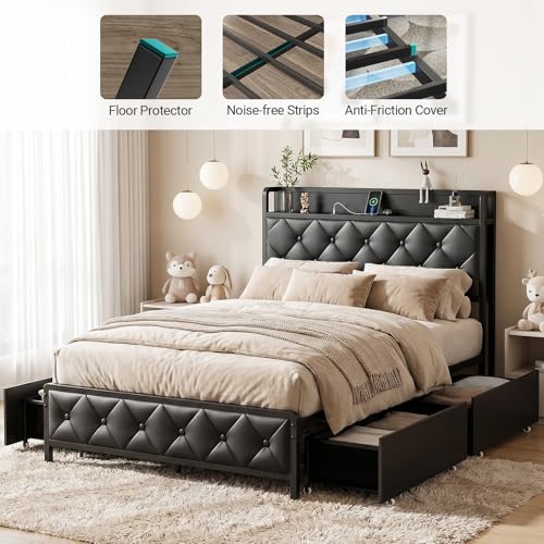 Twin Bed Frame with Button Headboard, PU Leather, All-Metal Support Platform LED Light Strip Twin Bed with Storage and Charge Station, Easy to Install, Stable, Noise-Free (Black) - color: Black