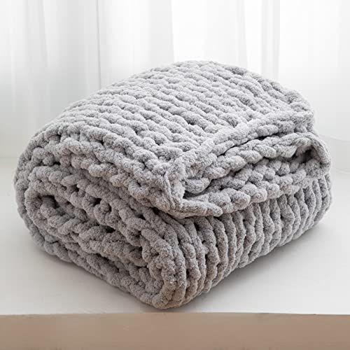 WESHIONGOO Chunky Knit Blanket Throw for Couch 51"×63" Light Grey | 100% Handmade Knitted Throw blankets Fluffy Soft Blanket With Jumbo Chenille Yarn Thick - color: Light Grey, size: 51"x63"(Large Size Throw)