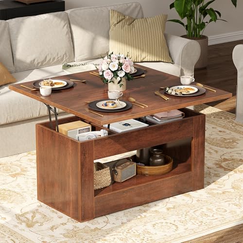 UNIQUITE 40" Lift Top Coffee Table, 4 in 1 Multi-Function Lift Coffee Table with Storage and Hidden Compartment, Convertible Coffee Tables to Dining Table for Living Room, Walnut - color: Walnut