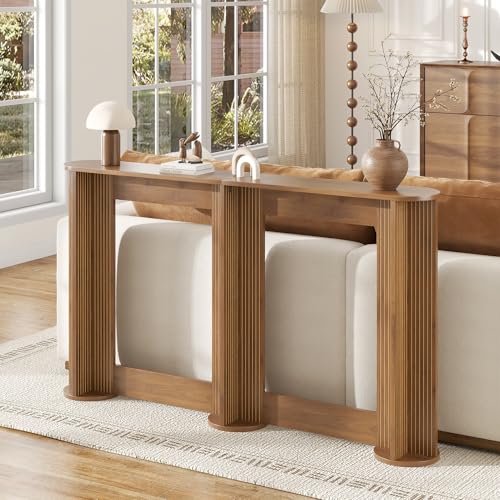 55 Inch Small Narrow Console Table Behind Couch, Mid-Century Modern Fluted Skinny Entryway Table, Slim Sofa Table for Hallway, Living Room, Wood, Brown, Walnut - color: Walnut-55 Inch