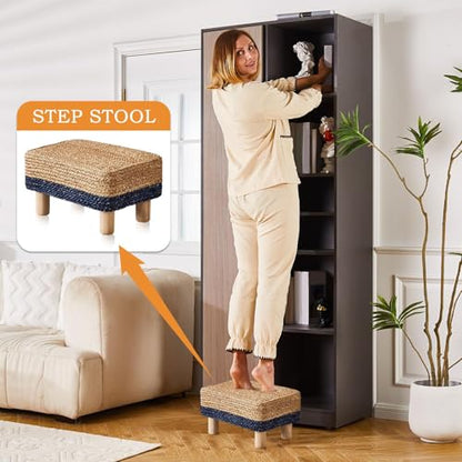 Wimarsbon Natural Seagrass Footstool Ottoman Rectangular Footrest Pouf Ottomans with Wooden Legs Hand Weave Step Stool for Living Room Bedroom Entryway Black - color: Black, size: 12"D x 16.5"W x 9.5"H