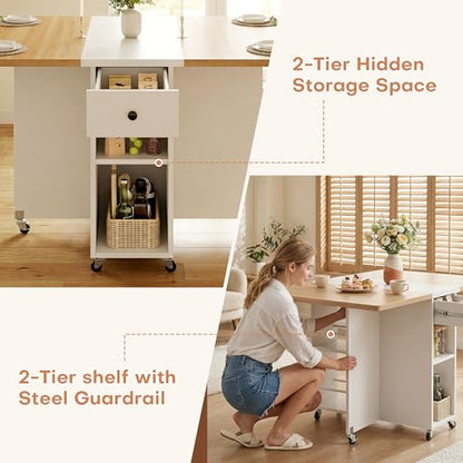 Jocoevol Space Saving Folding Dining Table for 4, Foldable Dining Table with Drawer and Storage Shelf, 6 Wheels Drop Leaf Kitchen Dining Room Table for Small Space (Natural, 47.2" x 23.6" x 29.9") - color: Oak