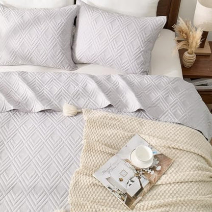 EMME Quilts Queen Size Bedding Sets, Light Grey Bedspread Soft Lightweight Pre-Washed Quilt, 3 Piece Cozy Reversible Microfiber Ultrasonic Coverlet with Pillow Sham (Diamond Pattern,90"x90") - color: 07-light Grey (Diamond), size: Full/Queen(90" x 90")