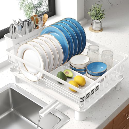 SNTD Dish Drying Rack for Small Kitchen Counter, 12.9" W x 16.9" L, White | Space Saving, Rotating Spout & Angled Drainboard for Quick Drainage, Stainless Steel, Removable Utensil Holder - color: White, size: 12.9" W x 16.9" L