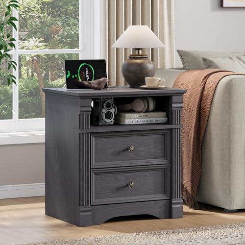 Grey Nightstand with Charging Station, Farmhouse Bedside Table, End Table with 2 Drawers and Chic Wood Pilasters Design, Wood Side Table with Metal Handles for Bedroom, Living Room - color: Grey, size: 15.7"D x 22"W x 23.6"H (2 Drawers)