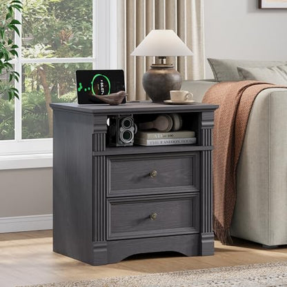 Grey Nightstand with Charging Station, Farmhouse Bedside Table, End Table with 2 Drawers and Chic Wood Pilasters Design, Wood Side Table with Metal Handles for Bedroom, Living Room - color: Grey, size: 15.7"D x 22"W x 23.6"H (2 Drawers)
