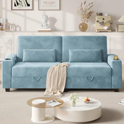 COPIAE Loveseat Sofa, Larger Couch Velvet Fabric with Storage, Charging Ports, Heightened Backrests, Removable Cover Modern Comfy Couches Easy Assembly for Living Room, 88 Inch Blue - color: Blue