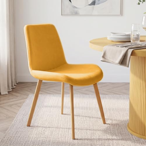 HIPIHOM Dining Chairs Set of 2, Mid-Century Modern Fabric Kitchen Chairs | Curved Backrest for Comfort, High-Density Sponge Padded Seat, Heat and Stain Resistant Surface, Sturdy Wood-Grain Metal Legs - color: Yellow Chairs Set of 2