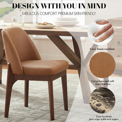 VKNOW Dining Chairs Set of 2, Faux Leather Wooden Kitchen Chairs, Brown | Modern Upholstered Side Chair with Rubberwood Legs for Kitchen Dining Room Restaurant, No Wobble - color: Brown, size: Set of 2