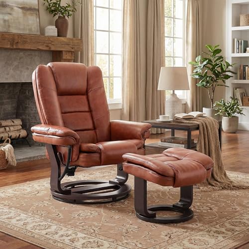 Swivel Recliner Chair with Ottoman Reclining Lounge Sofa Footrest, Set of 1 | 360°Sturdy Wood Base, Soft Faux Leather, Upholstered Ultra-Plush Foam, Modern Armchair, Living Room Bedroom Office Reading - color: Brown, size: Set of 1