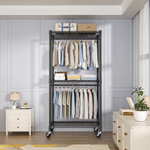 Heavy-Duty Portable Closet, 30"W x 14"D x 76"H, Black, Carbon Steel | Metal Rolling Clothing Rack, Closet System with Wheels and Shelves for Hanging Clothes, Portable Wardrobe Organizer Storage - color: Black, size: P1 Medium