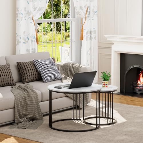 Coffee Table Faux Marble Nesting Table for Small Place 2 Sets Modern Furniture Living Room Sets End Side Table Night Stand for Bed Room Dining Room (Black & White) - color: Black