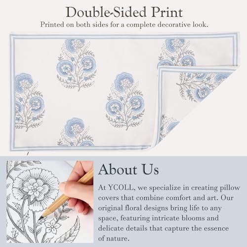 Vintage Floral 20x54 Lumbar Pillow Cover for Bed Pack of 1, Double-Sided Botanical Print Decorative Long Pillowcase Farmhouse Neutral Cushion Cover for Sofa Couch Living Room, Light Blue (Cover Only) - color: Light Blue, size: 54" x 20" (Pack of 1)