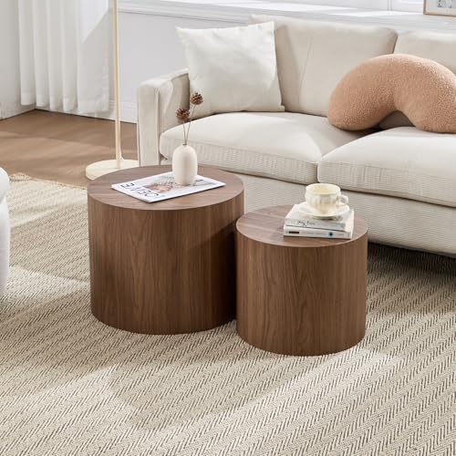 Ya-Home Round Coffee Tables Side Table Set of 2, Wood Nesting End Table for Living Room Balcony Office, Walnut Wooden Color, No Assembling - color: Walnut