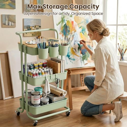 3 Tier Rolling Cart, Multifunctional Storage Cart with Table Top | Lockable Wheels, Heavy Duty Metal Frame Utility Cart for Kitchen, Bathroom, Office, Bedroom (Green) - color: Green
