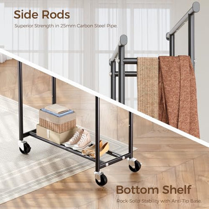 HYSEYY Double Rods Clothes Rack for Hanging Clothes, Rolling Metal Garment Rack with Wheels for Bedroom Laundry Living Room.39 L x 16.5" W x 60.23" H.