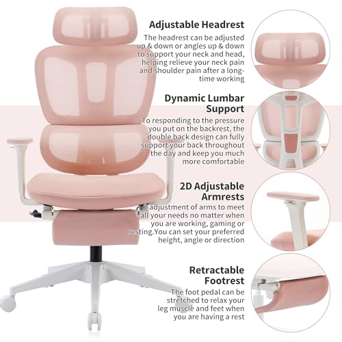 Ergonomic Office Chair with Footrest, 90-135° Reclining High Back Desk Chair with Lumbar Support, 2D Headrest, 2D Armrests, Computer Chair for Long Hours, Pink - color: Pink