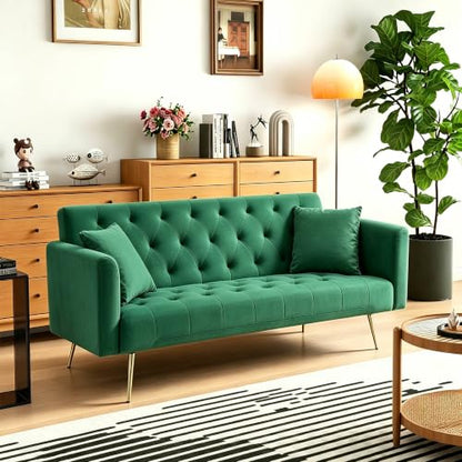 72"Modern Velvet Sofa Bed Futon,Convertible Folding Sleeper Bed Couches with 3 Adjustable Backrests,Tufted Recliner Love Seat with Golden Chrome Legs for Living Room Apartment Office (Green+pillows) - color: Green+pillows