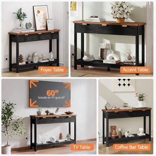 Fluted 47.2" Console Table with Outlets and USB C, Narrow Entryway Table with 3 Drawers, Modern Wood Sofa Table Behind Couch for Living Room, Black & Walnut - color: Entryway Table-black