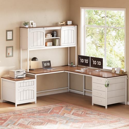 SEDETA Reversible Farmhouse L Shaped Office Desk with 6 Drawer, Hutch | Computer Corner Desk with Power Outlet, File Drawer & Printer Storage Shelves, for Home Office/Two Person, White - color: White