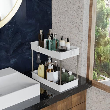 3 Pack Under Sink Organizer Bathroom and Storage Cabinet (White) | 2 Tier with Hanging Cups for Kitchen - color: White