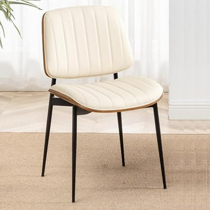 LUNLING Dining Room Chairs Mid Century Modern Retro Beige Faux Leather Chair with Walnut Bentwood Upholstered Seat Metal Legs Kitchen Chairs Adjustable Foot for Kitchen Dining Room,1PCS - color: Beige, size: 1PCS
