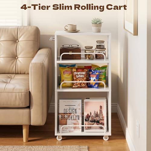 7.7'' Slim Rolling Storage Cart 4 Tier Wood Utility Cart Spice Rack Kitchen | Slide Out Narrow Rolling Cart with Adjustable Shelves,with Handle for Kitchen Laundry Bathroom Small Space - size: 3-Tier