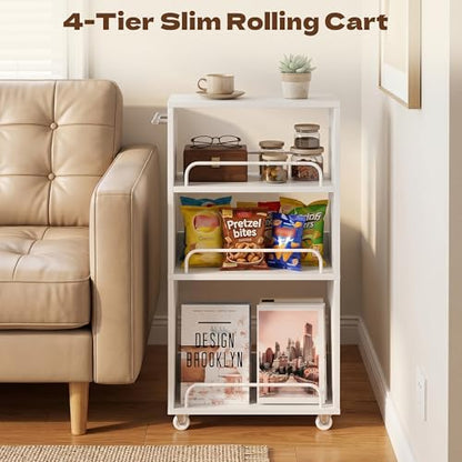 7.7'' Slim Rolling Storage Cart 4 Tier Wood Utility Cart Spice Rack Kitchen | Slide Out Narrow Rolling Cart with Adjustable Shelves,with Handle for Kitchen Laundry Bathroom Small Space - size: 3-Tier
