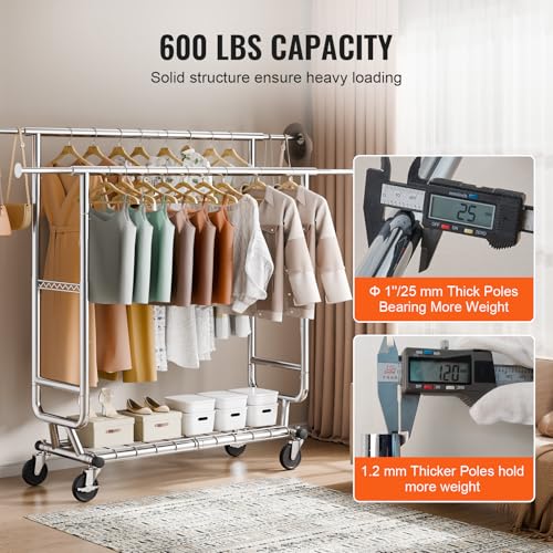 VEVOR Clothes Rack, Rolling Clothing Garment Rack, Extendable Carbon Steel Clothing Racks with Wheels for Bedroom, Laundry, Living Room - style: 2Rod,21.5"D x 75.4"W x 73.5"H