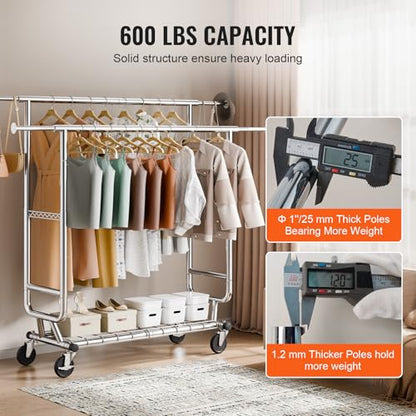 VEVOR Clothes Rack, Rolling Clothing Garment Rack, Extendable Carbon Steel Clothing Racks with Wheels for Bedroom, Laundry, Living Room - style: 2Rod,21.5"D x 75.4"W x 73.5"H