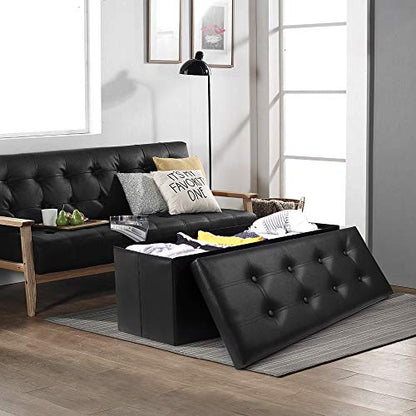 Camabel 43 Inch Folding Storage Ottoman Bench 125L Hold up 700lbs Ottoman with Storage Chest Foam Seat Padded Foot Rest Stool Faux Leather Bedroom Bench with Storage Coffee Table Black - color: Black