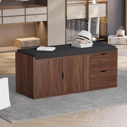 LVB 40” Entryway Bench with Padded Seat Cushion Shoe Bench with 2 Drawers | Wood Hidden Shoe Bench with 2 Drawers Cabinet, Industrial storage Bench for Foyer entrance Living Bedroom, Walnut Oak - color: Walnut Oak