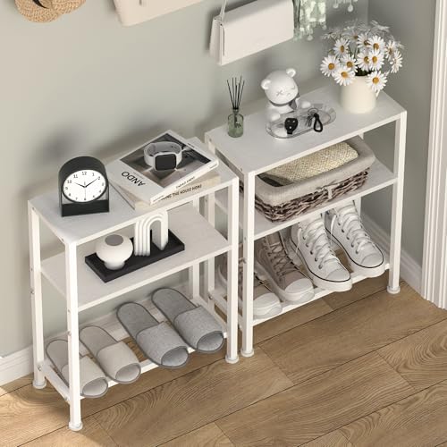 Narrow Side Table Set of 2 for Small Space, 2-Tier Small End Table with Shelf Holder, Slim Nightstand, Skinny Snack Couch Table in Living Room, Bedroom, Study, Kitchen and Balcony (White) - color: White