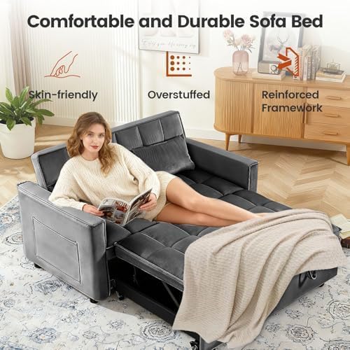 Sleeper Sofa Bed with Adjustable Backrest & Side Pockets, Gray | Adjustable Backrest & Side Pockets,Pull Out Sofa,Comfortable Fabric - color: S-dark Gray-v1